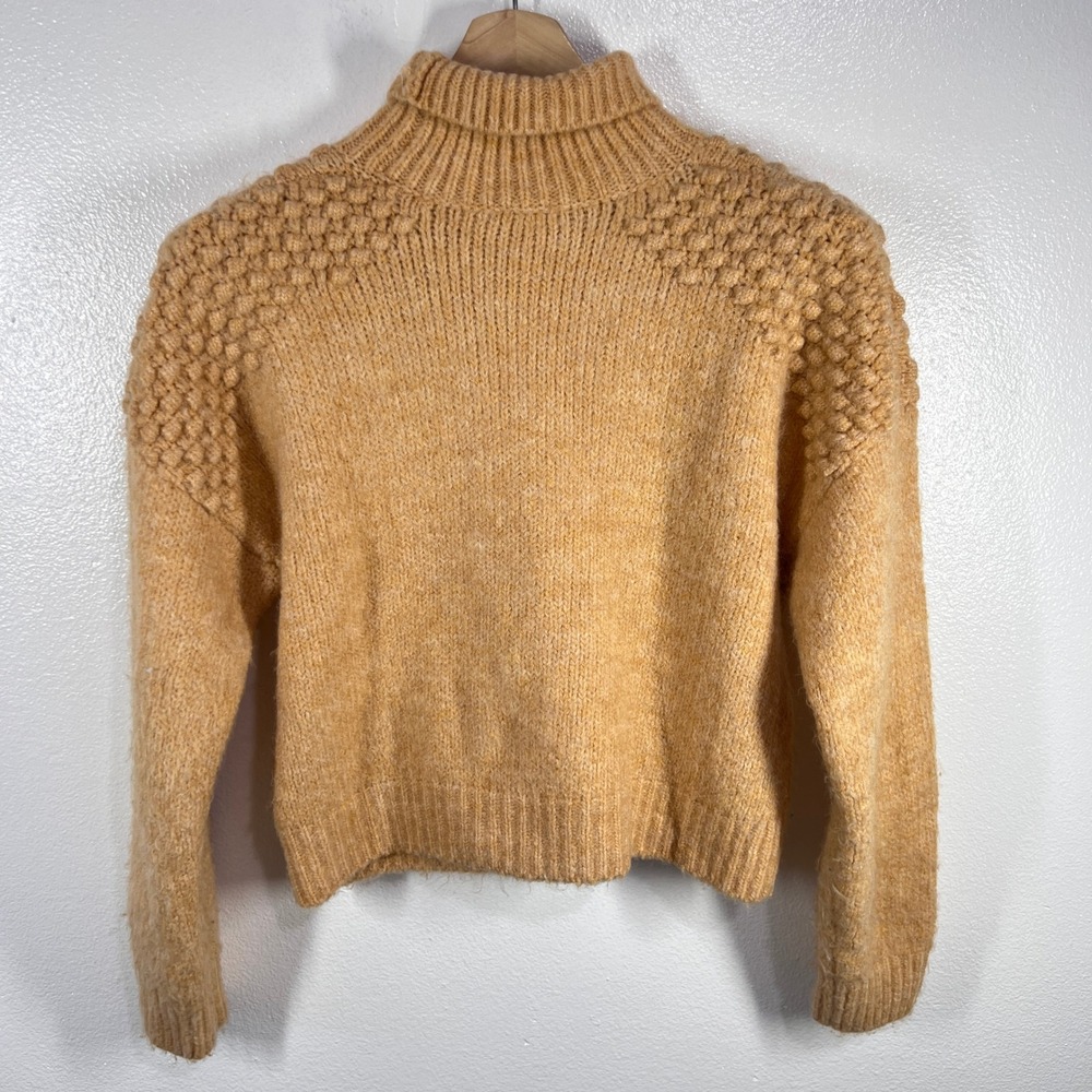 Free People Bradly Cropped Sweater MockNeck Textured Knit Pullover Yellow Medium - Picture 3 of 10